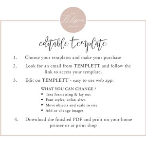May include: A white and beige printable template with the text "editable template" and instructions on how to use the template. The instructions include choosing templates, making a purchase, looking for an email from TEMPLETT, editing on TEMPLETT, and downloading the finished PDF.