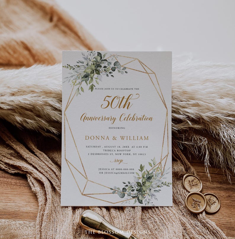 50th Anniversary Invitation, Greenery Wedding Invite, Golden Anniversary Printable, Editable Template, EAC195 image 1