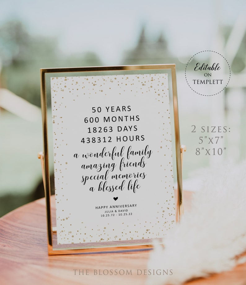 Happy 50th Anniversary, Gold Wedding Anniversary Sign, 50th Anniversary Sign Printable, Anniversary Gifts Idea, Editable Template, GAC18 image 1