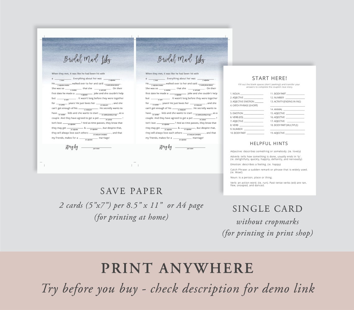Mad Libs Bridal Shower Game Template Printable Bridal Shower - Etsy