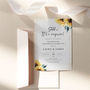 May include: A wedding anniversary invitation with a gold glitter background and sunflowers. The text reads "Shhh... It's a surprise!" and includes the details of the celebration: 50th Wedding Anniversary Celebration, honoring Laura & James, Saturday, September 19, 2023, 2:00 PM, Tribeca Rooftop, 2 Desbrosses St., New York, NY 10015, RSVP Jessica at [phone number] or jessica@gmail.com.