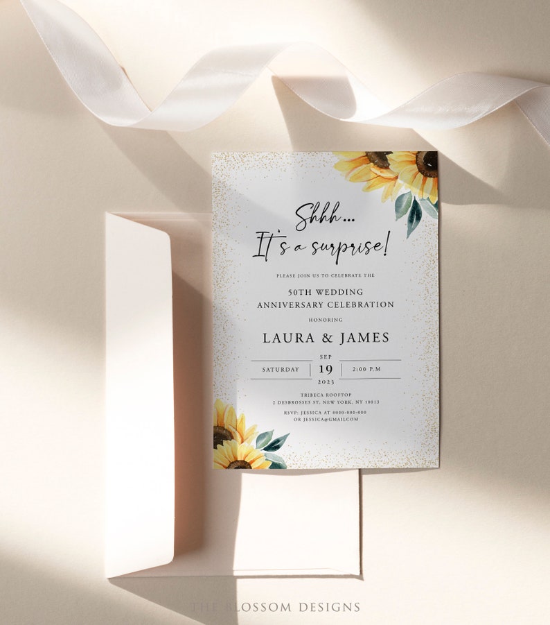 May include: A wedding anniversary invitation with a gold glitter background and sunflowers. The text reads "Shhh... It's a surprise!" and includes the details of the celebration: 50th Wedding Anniversary Celebration, honoring Laura & James, Saturday, September 19, 2023, 2:00 PM, Tribeca Rooftop, 2 Desbrosses St., New York, NY 10015, RSVP Jessica at [phone number] or jessica@gmail.com.