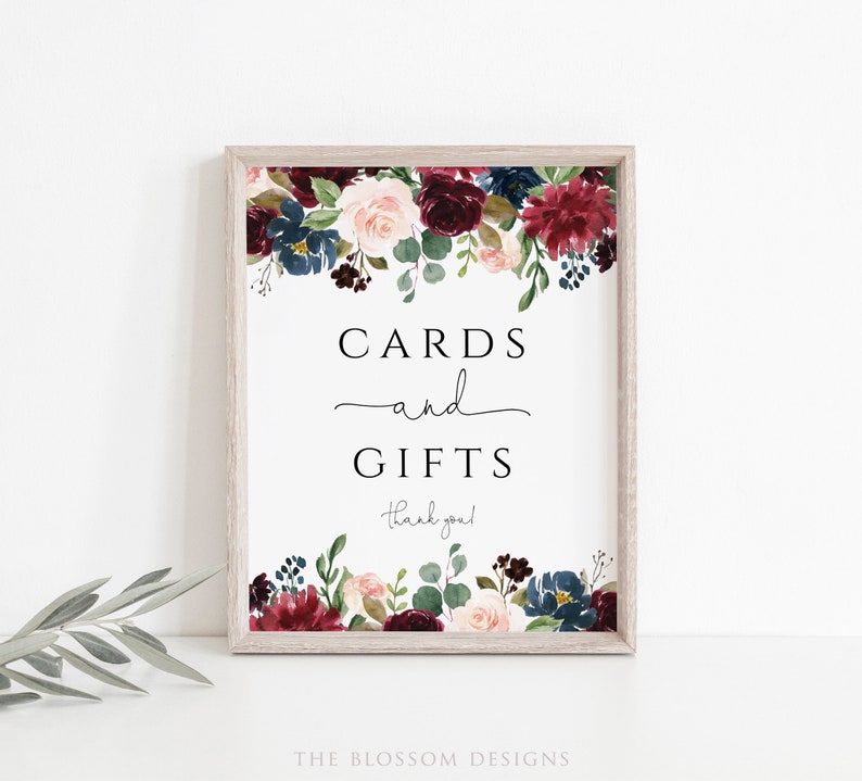 Burgundy Floral Cards and Gifts Sign Printable Reception | Etsy