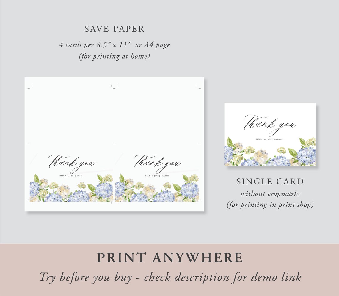 Hydrangea Thank You Card Template, Blue Floral Folded Card Printable ...