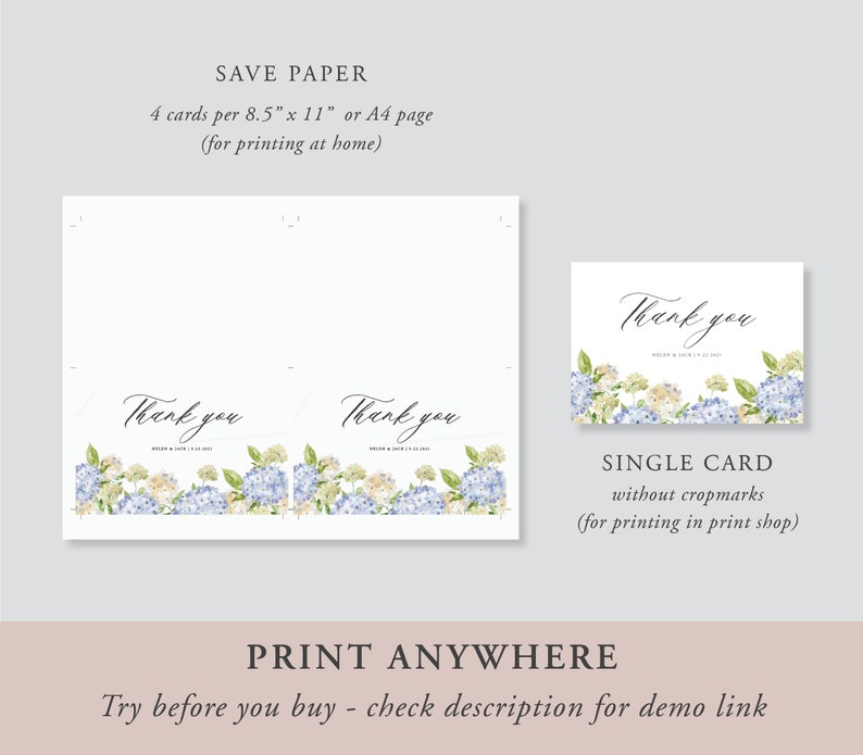 Hydrangea Thank You Card Template, Blue Floral Folded Card Printable ...