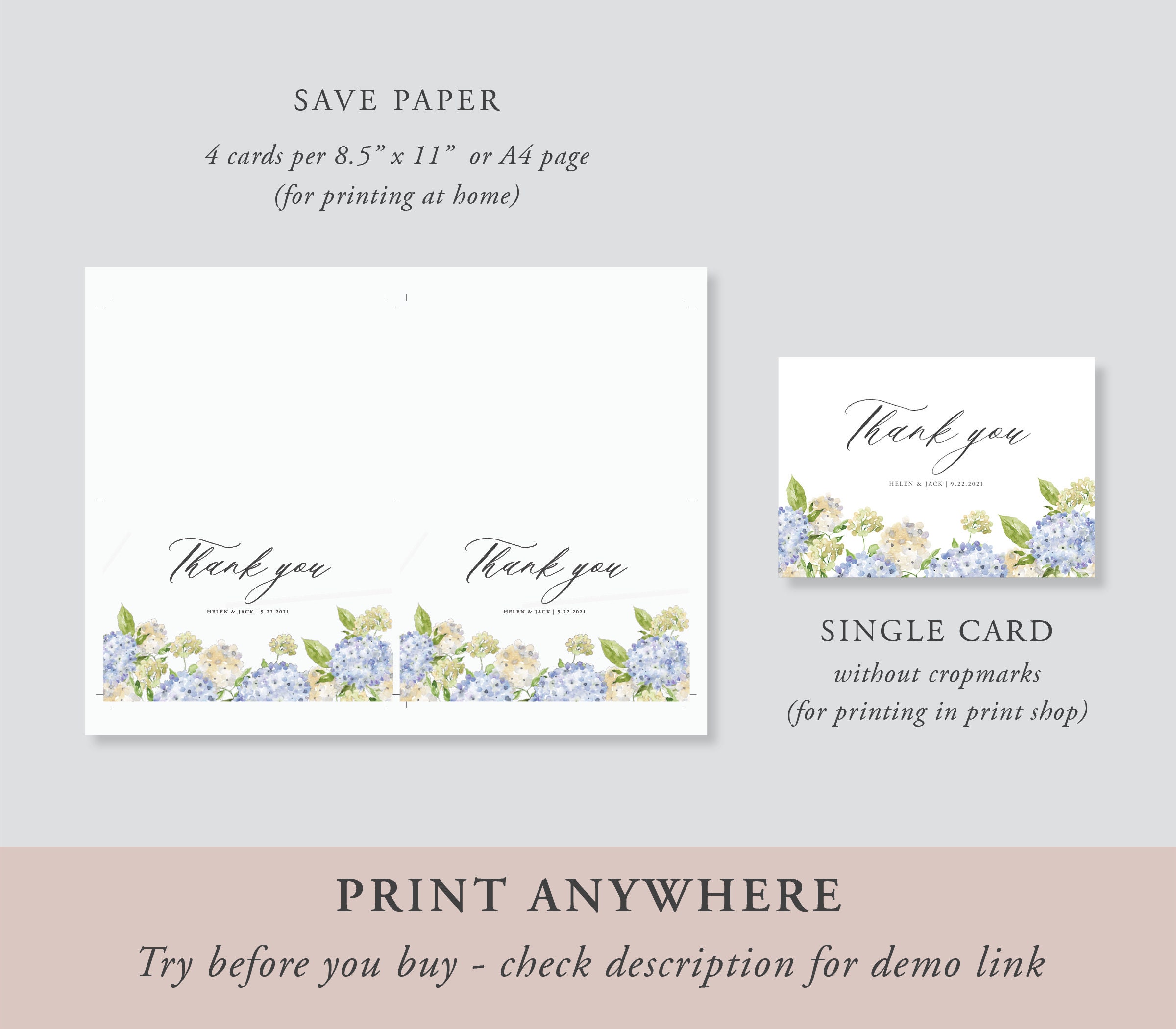 Hydrangea Thank You Card Template, Blue Floral Folded Card Printable ...