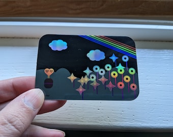 Holographic Midnight Rainbow Flower Sticker - Black with dark colors for laptops, journals, planners and water bottles