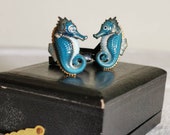 Vintage 60 39 s Toshikane Seahorse Porcelain and Silver Cufflinks, Hand Carved, Hand Enamel Painted, Japan