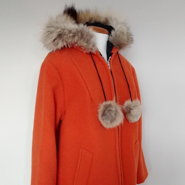 Vintage Women's Wool Inuit Parka with Overcoat, 1970's/80's. Embroidered Eskimo, Musher, Orange With Fur Trim, Ladies Medium