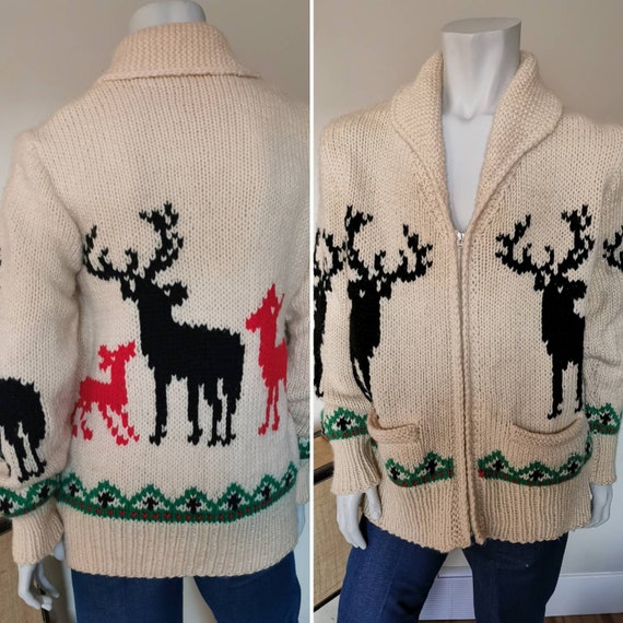 Vintage Deer Cardigan Sweater Mary Maxim Hand Knit