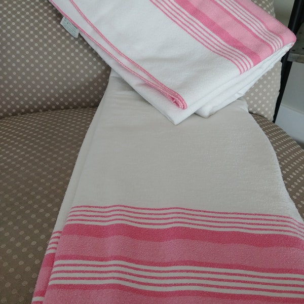 Vintage Set of Texmade Flannel Sheet-Blanket/Retro Striped Pair Of Winter Sheets, Summer Blanket   Pink and White