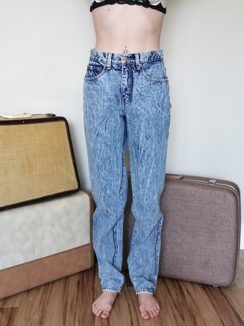 Vintage 80/'s Acid Wash High Waisted Tapered Code Bleu Jeans 27 Waist XS Long Mom Jeans