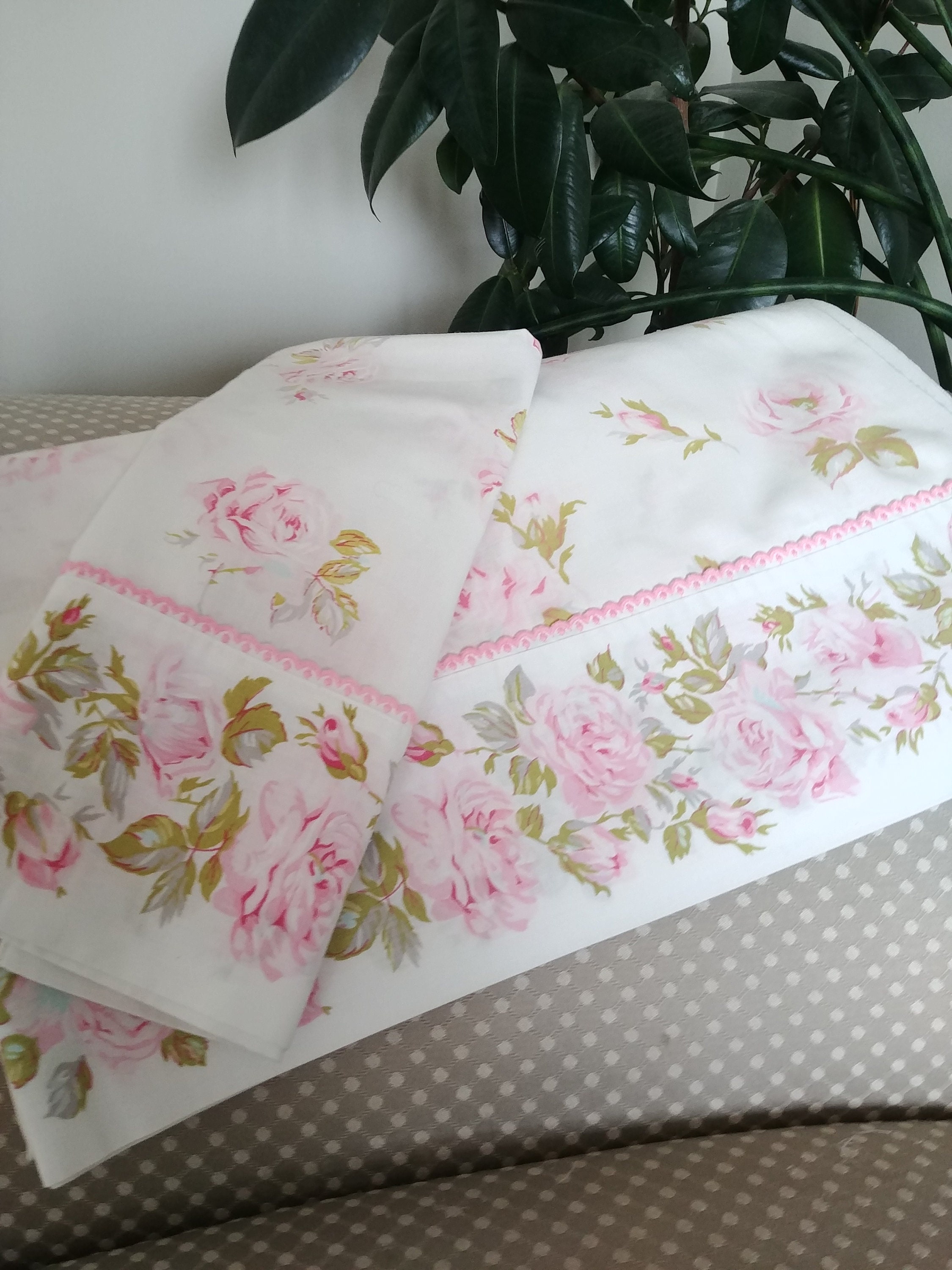 Vintage Pink Rose Double Full Flat Sheet With Pillowcase Texmade 70 S Romantic Pink White Roses Cottage Chic Romantic Bedscape