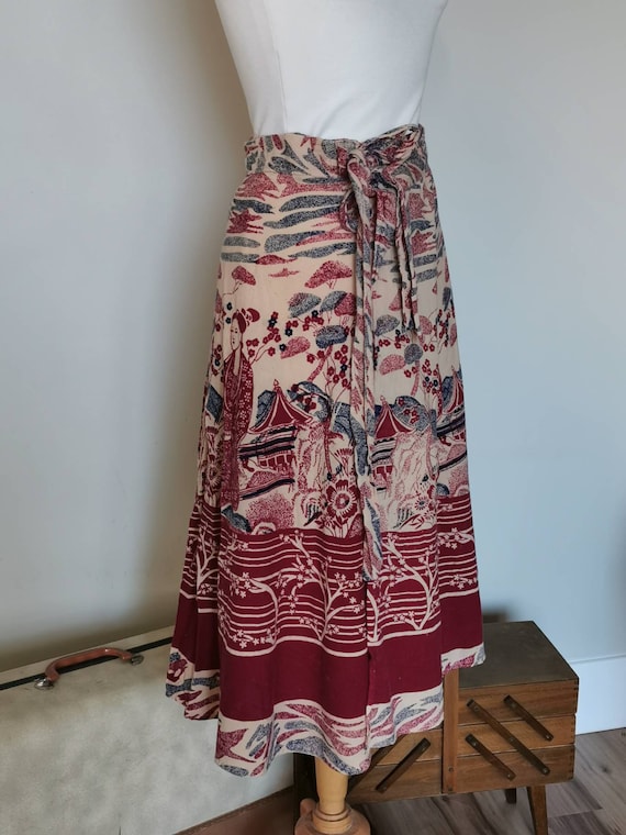 Vintage 70s Cotton Indian Wrap Skirt, Asian Print
