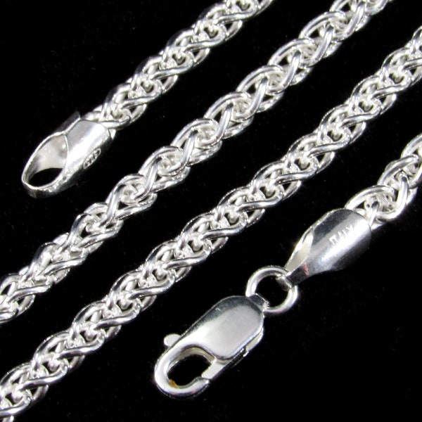 3.5MM Solid 925 Sterling Silver Italian Spiga Wheat Rope CHAIN Men's or Women's Necklace, Made in Italy, Length: 18" 20" 22" 24" 30" Inches