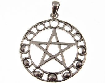 Solid 925 Sterling Silver Phases of the Moon Pentacle Pentagram Pendant by Maxine Miller, Powerful Pagan Wiccan Amulet