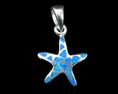 Handcrafted Solid 925 Sterling Silver Created Blue Opal Inlaid Starfish Pendant
