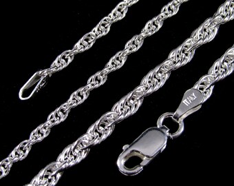 Solid 925 Sterling Silver 1.3mm Loose Rope Chain Necklace
