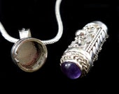 Handmade in Bali Solid 925 Sterling Silver Genuine Amethyst Cabochon Poison Pill Prayer Snuff Box Pendant w Secret Compartment Filigree