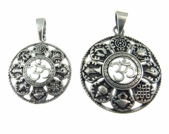 Solid 925 Sterling Silver OM/AUM/OHM Pendant With 8 Auspicious Symbols of Buddhism, Ashtamangala Amulet, Small or Large Size