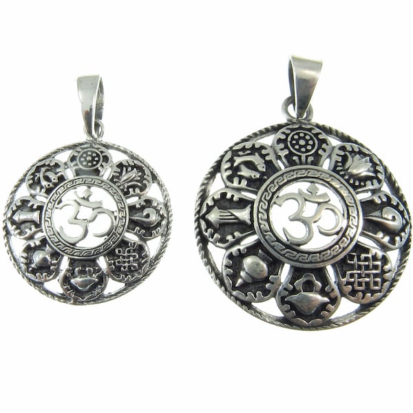 Solid 925 Sterling Silver OM/AUM/OHM Pendant With 8 Auspicious Symbols of Buddhism, Ashtamangala Amulet, Small or Large Size