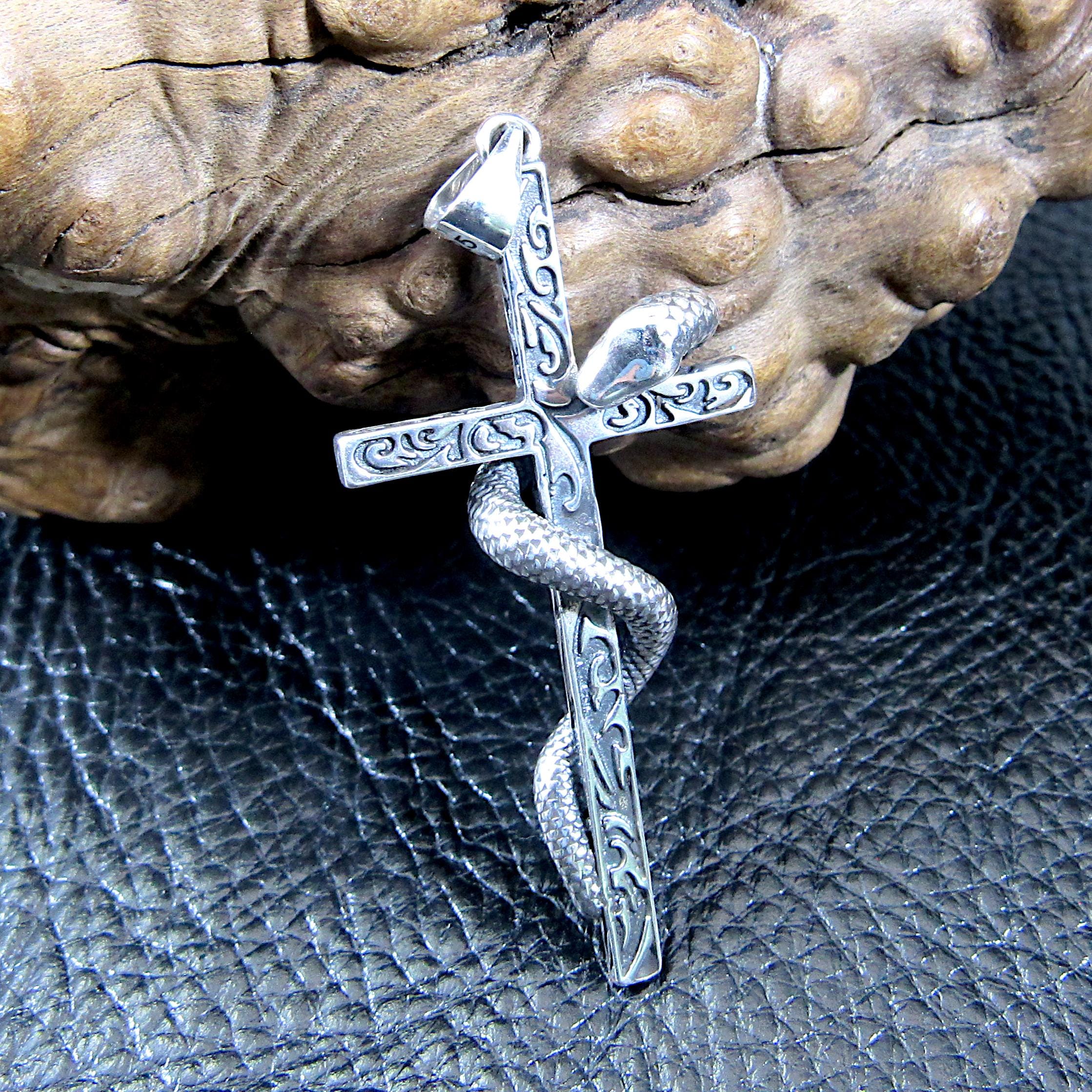 Solid 925 Sterling Silver Slithering Snake on Christian Cross