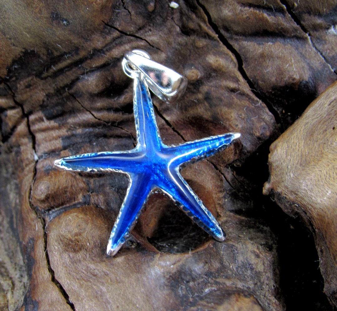 Solid 925 Sterling Silver & Inlaid Blue Enamel Starfish Pendant - Etsy