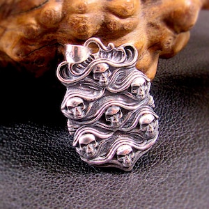 Solid 925 Sterling Silver Skull Pendant - Gothic Victorian Jewelry, Seven Skulls Amulet, Dark Fantasy Necklace, Handcrafted Statement Piece
