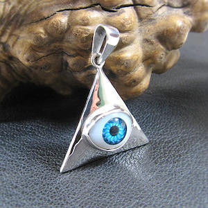 Massiver 925 Sterling Silber Auge Anhänger, Allsehendes Auge Schmuck, Glas Augapfel Anhänger, Illuminati Dreieck Halskette, Okkultes Schutz Amulett