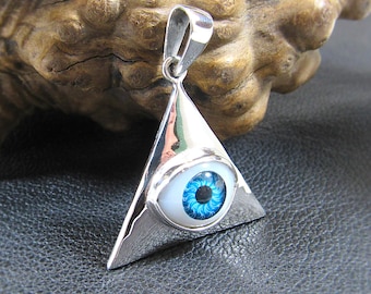 Solid 925 Sterling Silver Eye Pendant, All-Seeing Eye Jewelry, Glass Eyeball Pendant, Illuminati Triangle Necklace, Occult Protection Amulet