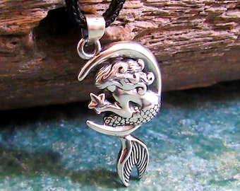 925 Mermaid on Moon Pendant Necklace, Solid Sterling Silver Cosmic & Nautical Ocean Life Jewelry