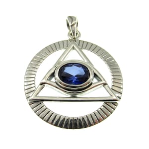 Solid 925 Sterling Silver Eye of the Egyptian Pyramid Illuminati Pendant, Choose Gemstone: Amethyst Garnet Sapphire or Bue Topaz