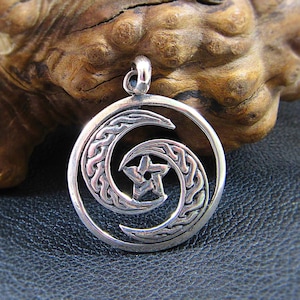 Solid 925 Sterling Silver Celtic Goddess Crescent Moon Pentagram Pendant, Wiccan Pagan Amulet, Protection Jewelry, Yin Yang Charm