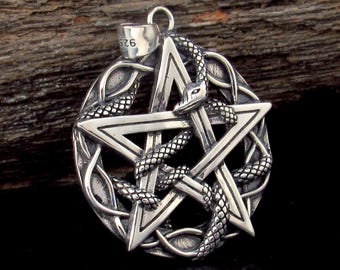 Solid 925 Sterling Silver Pentagram Pendant, Snake and Star Symbol, Oxidized Ouroboros Jewelry