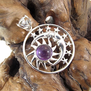 Solid 925 Sterling Silver Sun Moon & Stars Pendant, Handcrafted with Gemstone, Unique Mystical Amulet, Cosmic Celestial Wiccan Jewelry