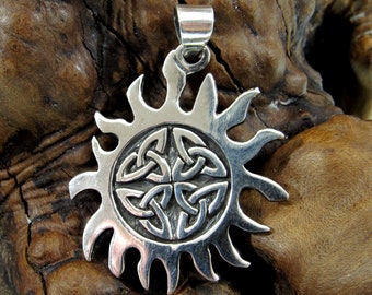 925 Sterling Silver Celtic Sun Rays Pendant w/ Trinity Knots