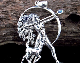 Solid 925 Sterling Silver Diana Goddess Pendant – Oberon Zell Moon Huntress Jewelry