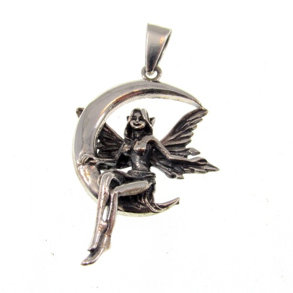 Fairy on Moon Amulet .925 Sterling Silver Charm Pendant main image 1