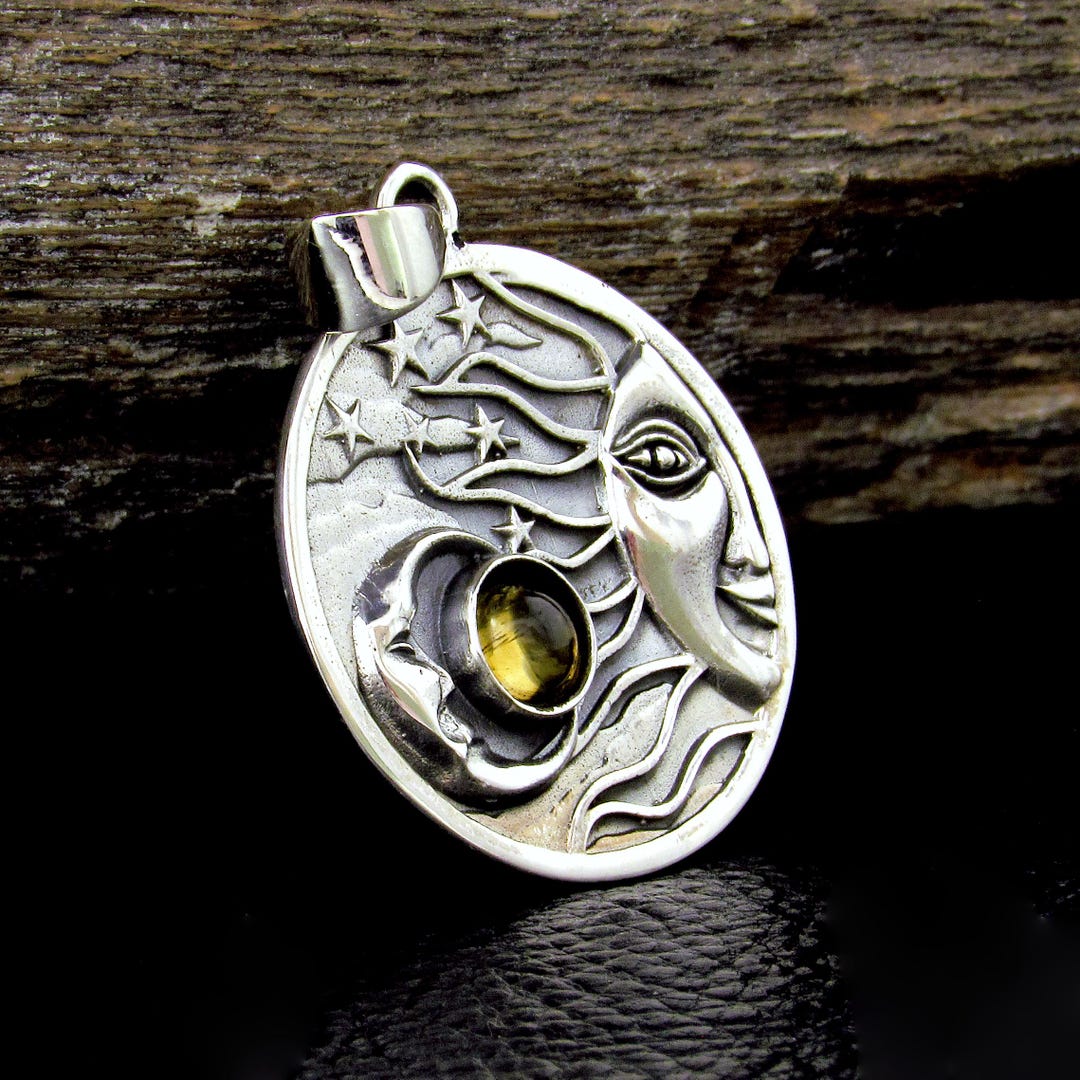 Solid 925 Sterling Silver Sun Moon & Stars Pendant With Citrine ...