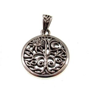 Solid 925 Sterling Silver Sun and Crescent Moon Tree of Life Charm, Handcrafted Magical Pagan Wiccan Pendant