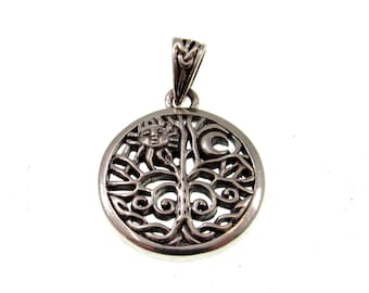 Solid 925 Sterling Silver Sun and Crescent Moon Tree of Life Charm, Handcrafted Magical Pagan Wiccan Pendant