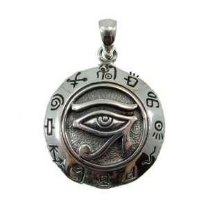 Solid 925 Sterling Silver Egyptian Eye of Horus Pendant with Signs of the Zodiac, Eye of Ra Amulet, Symbol of Healing & Protection