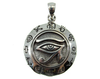 Solid 925 Sterling Silver Egyptian Eye of Horus Pendant with Signs of the Zodiac, Eye of Ra Amulet, Symbol of Healing & Protection