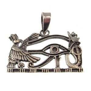 Solid 925 Sterling Silver Egyptian Eye of Horus Pendant With Falcon God & Cobra, Ancient Egypt Amulet