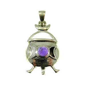 Solid 925 Sterling Silver Magickal Witch&#39;s Cauldron Pendant, Choose Gemstone: Amethyst, Garnet, Moonstone, or Blue Topaz