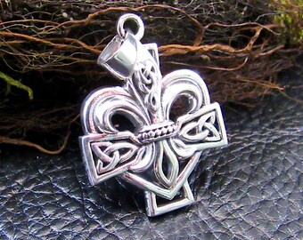 Solid 925 Sterling Silver Celtic Cross Fleur De Lis Pendant
