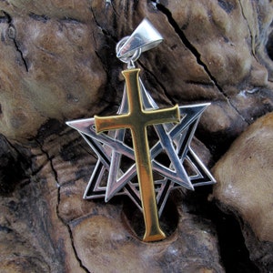 Solid 925 Sterling Silver & 14k Gold Accent Intertwined Christian Cross on Jewish Star of David Pendant, Hebrew Symbol, Religious Jewelry