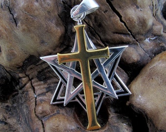 Solid 925 Sterling Silver & 14k Gold Accent Intertwined Christian Cross on Jewish Star of David Pendant, Hebrew Symbol, Religious Jewelry