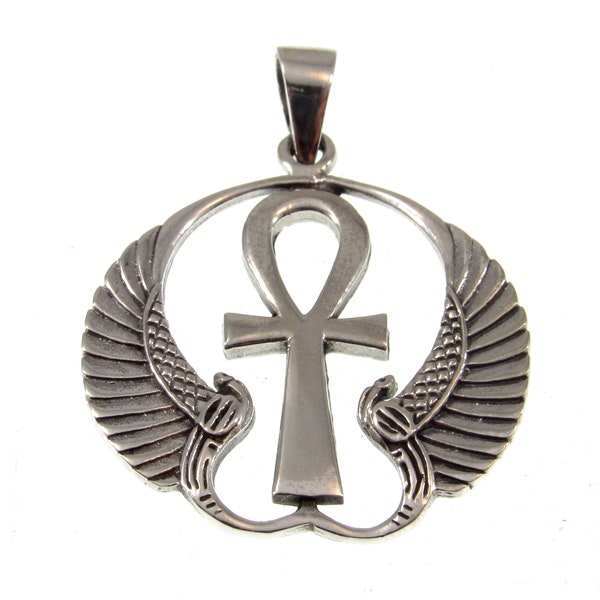 Solid 925 Sterling Silver Egyptian Ankh Cross & Goddess Isis Wings Pendant, Protection Amulet