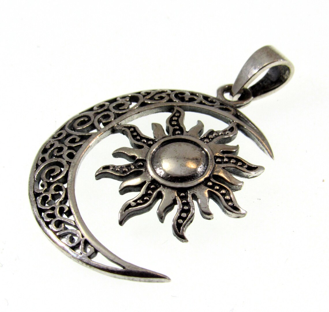 Solid 925 Sterling Silver Sun and Moon Pendant – Celestial Filigree ...